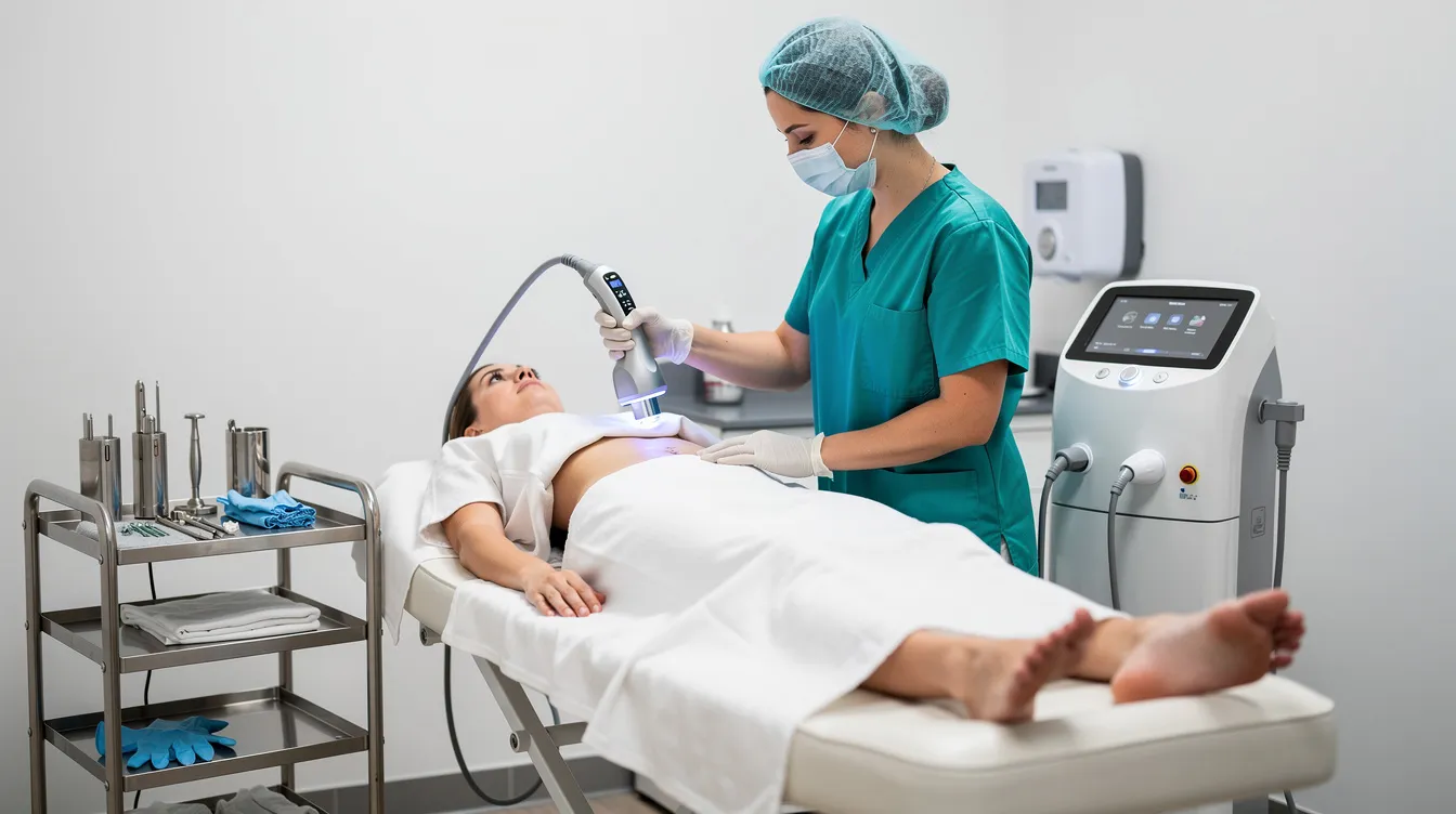 The image depicts a board-certified plastic surgeon in scrubs performing a body contouring procedure, likely a Brazilian butt lift (BBL), in a modern clinical setting. The professional is focused on the fat transfer process, which involves carefully injecting purified fat cells to enhance the patient's body shape while ensuring optimal fat survival rates and blood supply for newly transferred fat cells.