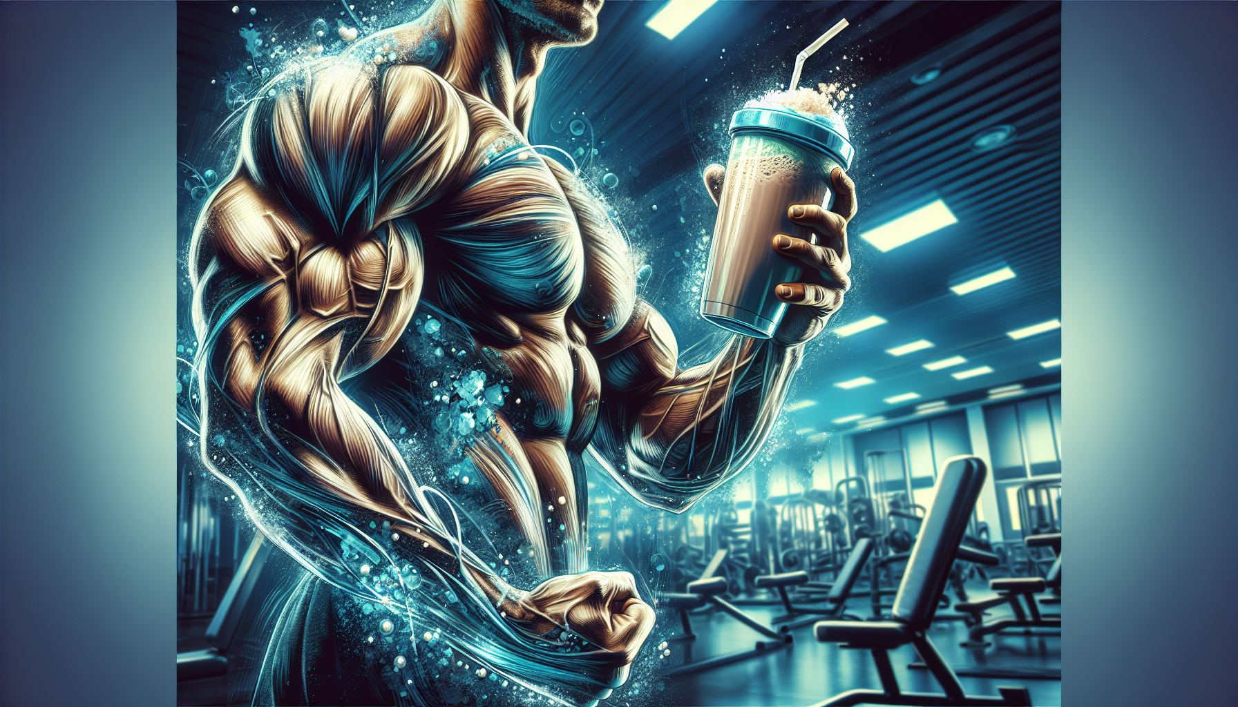 Muscular person lifting weights with a protein shake