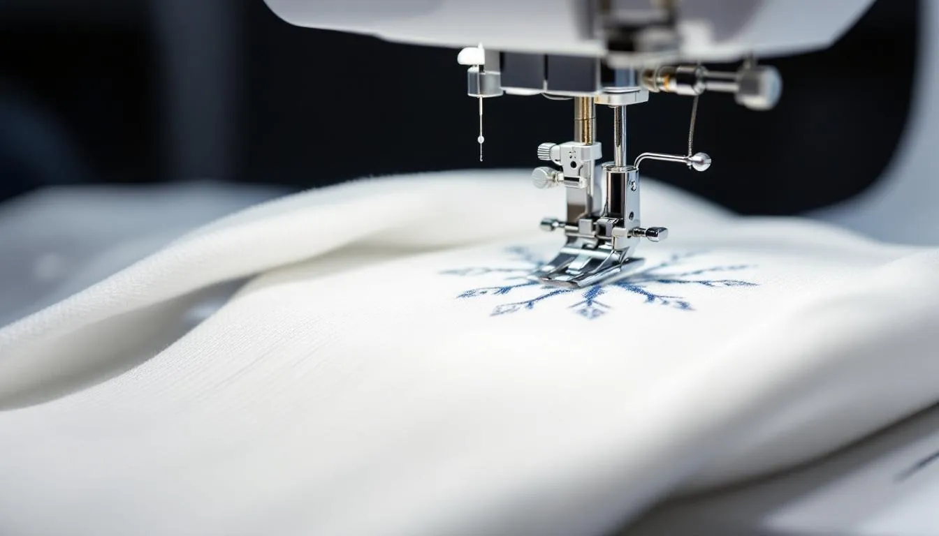 Stickmaschine arbeitet an weißer Socke für individuelles Logo