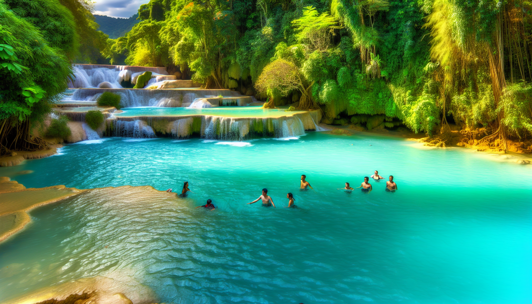 Turquoise pools of Kuang Si Falls in Laos surrounded by lush greenery