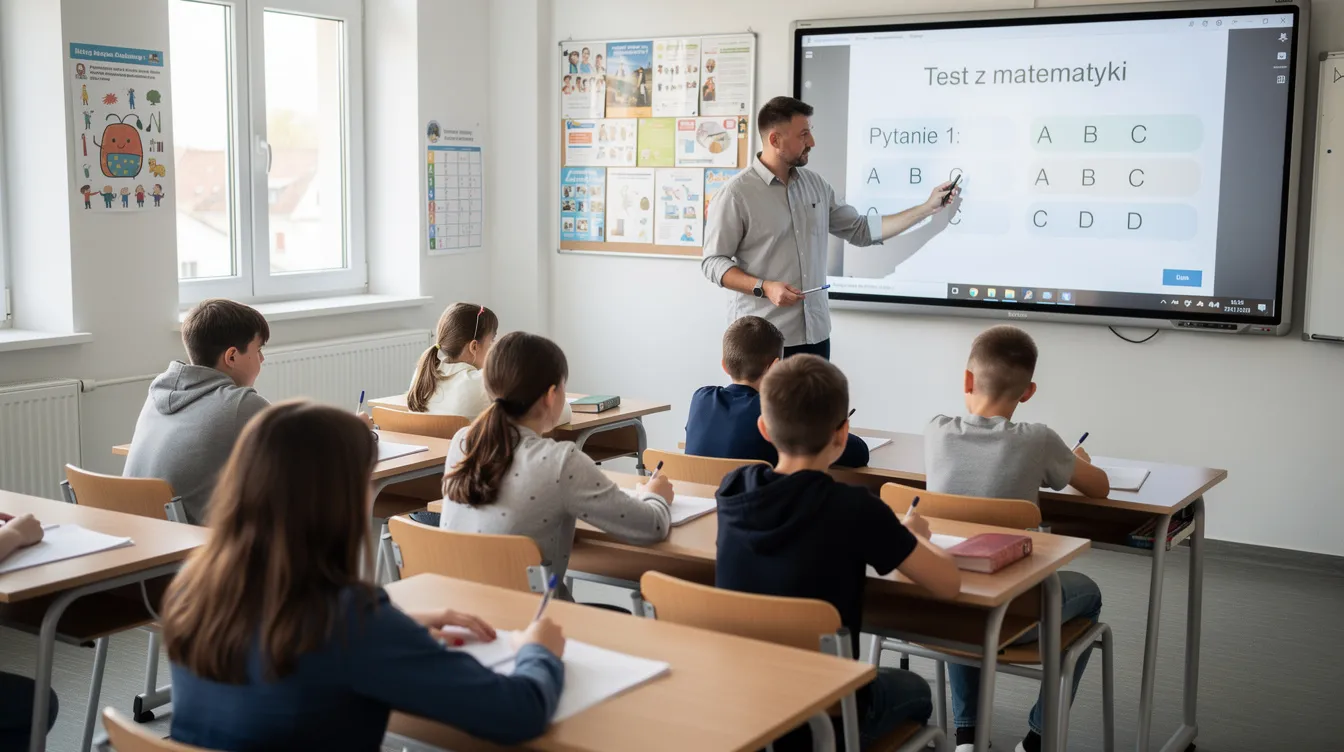 Nauczyciel stoi przy tablicy interaktywnej, prezentując pytania testowe dotyczące biologii, a uczniowie klasy 6 siedzą w ławkach, uważnie słuchając. W tle można zauważyć elementy związane z tematem "świat zwierząt", co wskazuje na omawiane zagadnienia, takie jak parzydełkowce i kręgowce zmiennocieplne.