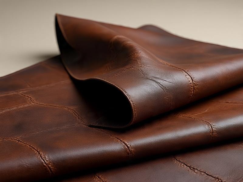 A picture of a piece of brown leather with a smooth and slightly shiny surface, neatly folded. The leather has visible natural lines and wrinkles that show its texture. 