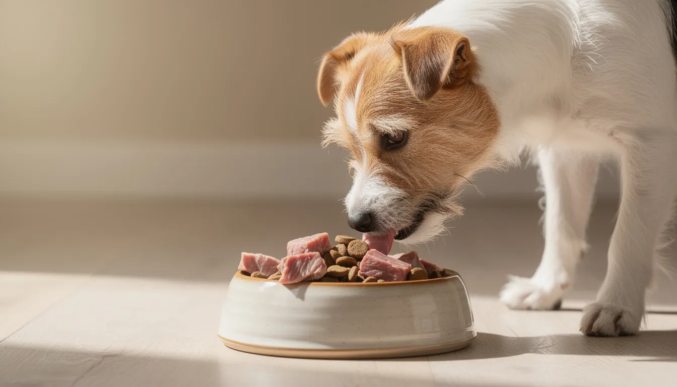 A medium-sized Kromfohrlander dog with a smooth-haired coat, featuring a distinctive white blaze centered on its face, is happily eating high-quality dog food from a bowl. The dog, known for its good nature and excellent companionship, showcases the breed's distinguishing characteristics, including rounded tips on its ears and a slightly arched upper arm.