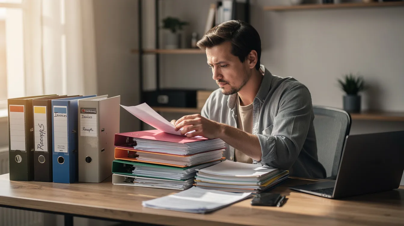 e318067a f6d5 4899 8e5e b7d60bb0b474 The image depicts a small business owner diligently sitting at a desk, surrounded by organized stacks of paper documents and folders, which likely include loan application forms, bank statements, and proof of identity such as an Aadhaar card. This scene reflects the essential process of preparing necessary documents for financial assistance, such as those required for a Mudra loan from a bank or financial institution.