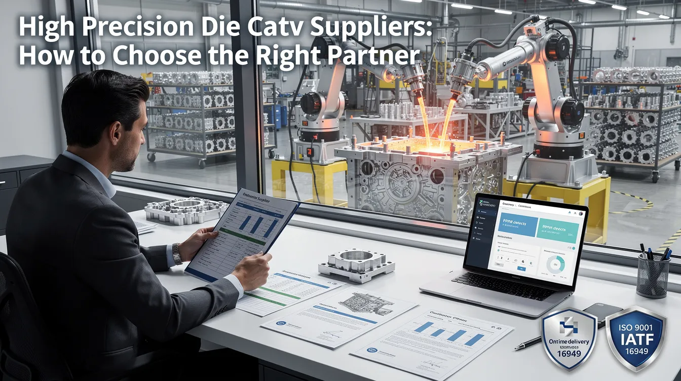 The image depicts a professional setting where representatives from high precision die casting suppliers are engaged in discussions about the die casting process, focusing on techniques such as aluminum and zinc die casting. Various die cast parts and casting services are showcased, highlighting the importance of choosing the right partner in the die casting industry for high-quality products and complex projects.