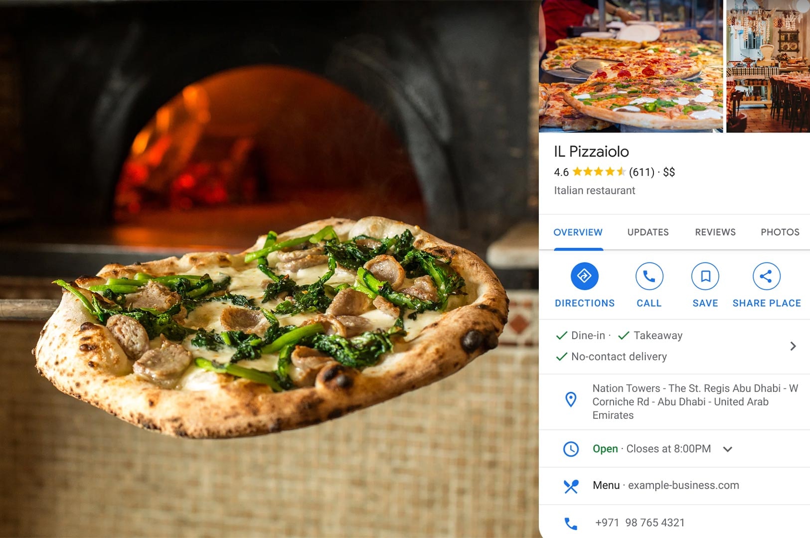 A delicious wood-fired pizza coming out of an oven shown alongside a fully optimized Google Business Profile for an Italian restaurant with high star ratings.