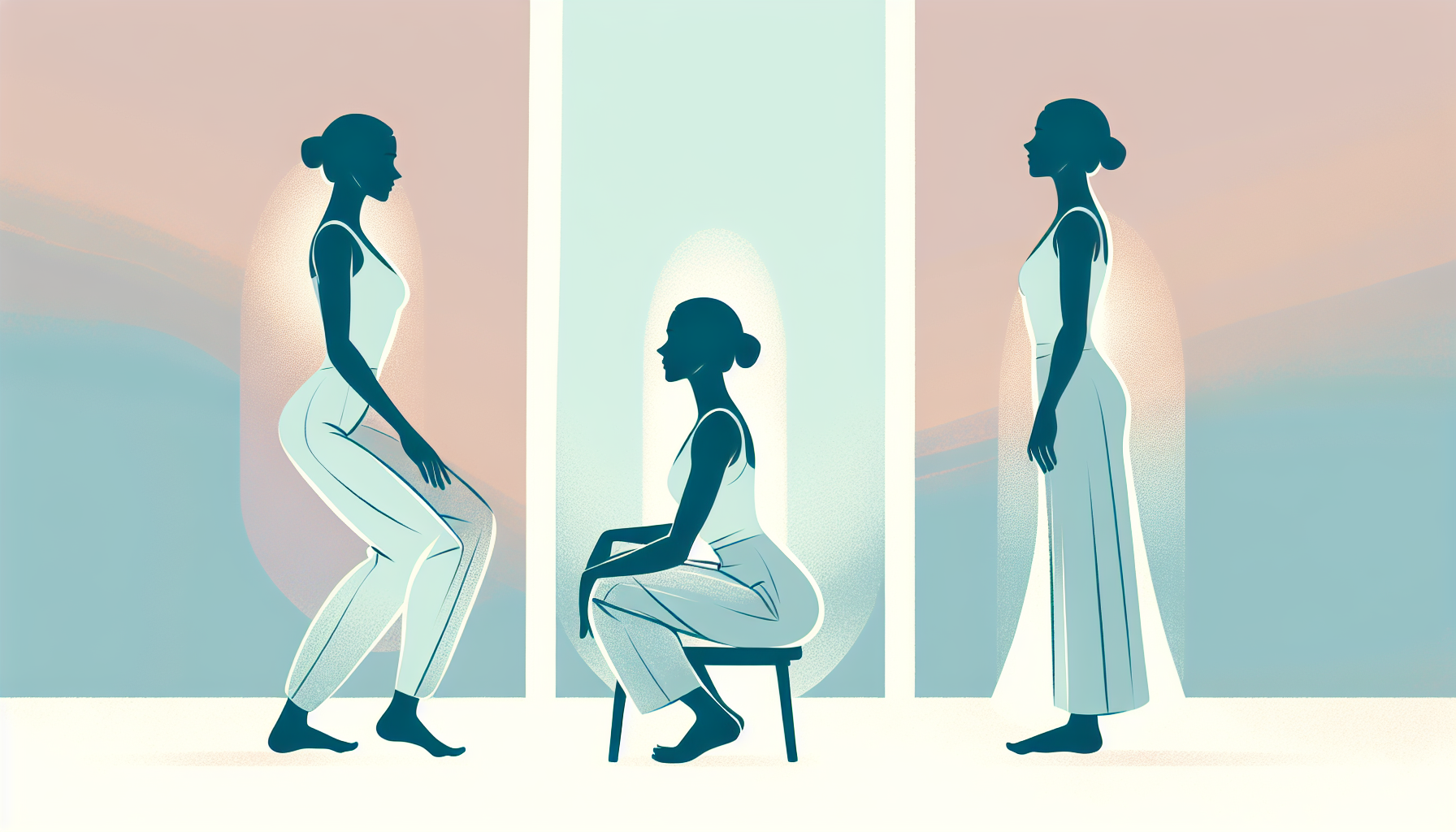 Illustration einer schwangeren Frau in verschiedenen Geburtspositionen