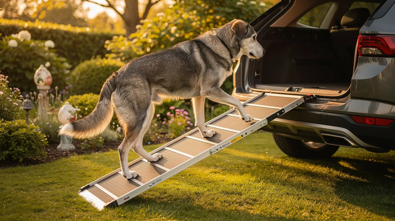A senior dog with hip dysplasia is using a portable ramp to climb into the boot of a car, surrounded by a lush garden. This scene highlights the importance of supporting affected dogs in maintaining mobility and comfort as they age.