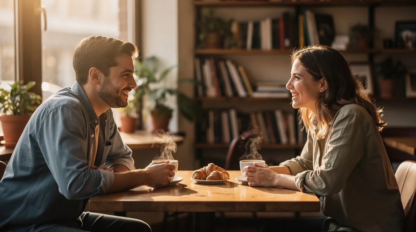 The image depicts two people sitting at a cozy café, engaged in a relaxed conversation over coffee, showcasing a warm atmosphere of connection. Their body language suggests comfort and openness, highlighting the importance of communication in navigating romantic relationships, especially when considering the early signs of narcissistic traits.
