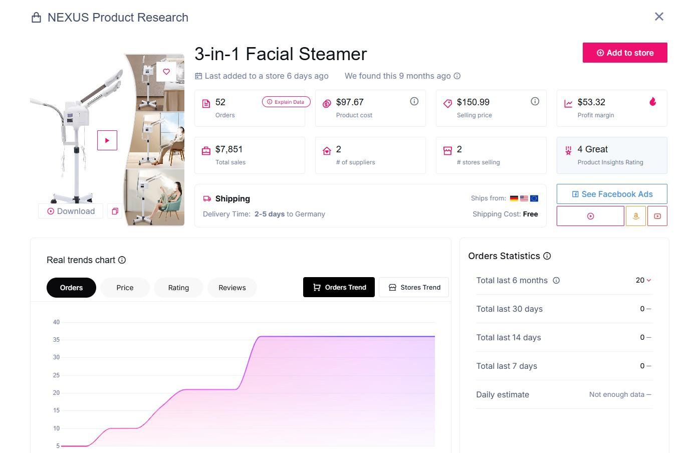 Sell The Trend NEXUS Product Research for the 3-in-1 Facial Steamer showing price, orders, supplier options, and delivery to Germany