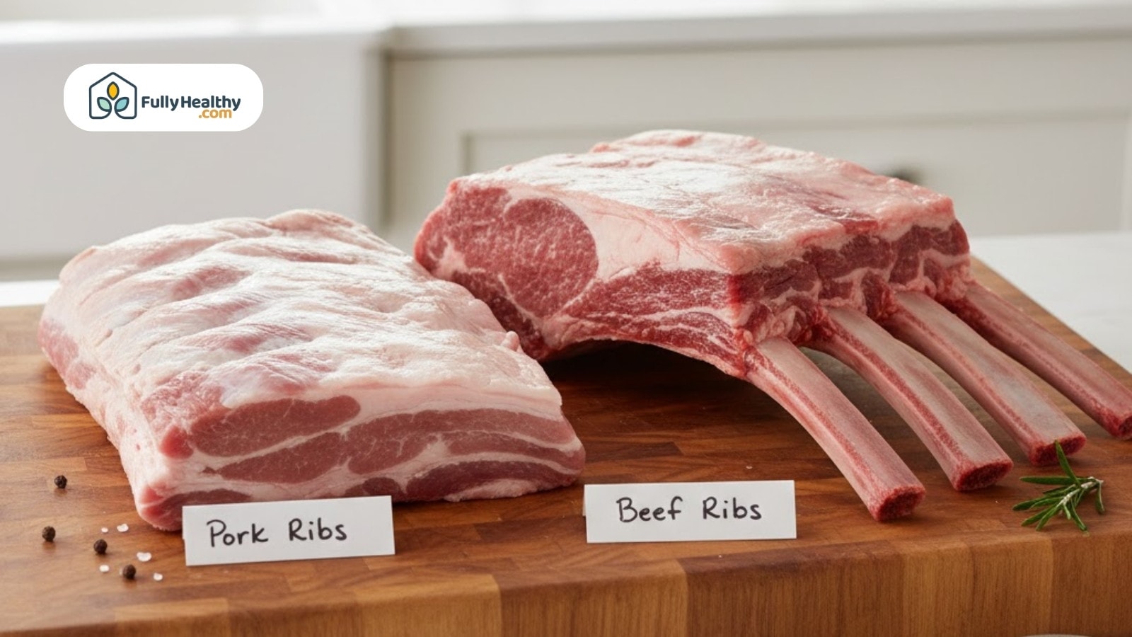 Raw pork ribs and beef ribs labeled side by side on wooden cutting board