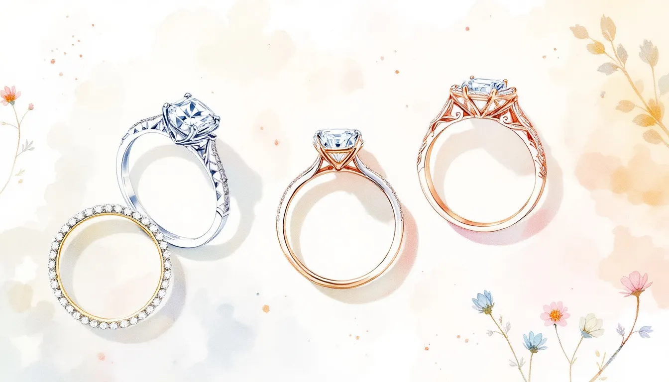 A stunning display of different engagement ring styles including a pretty engagement ring.