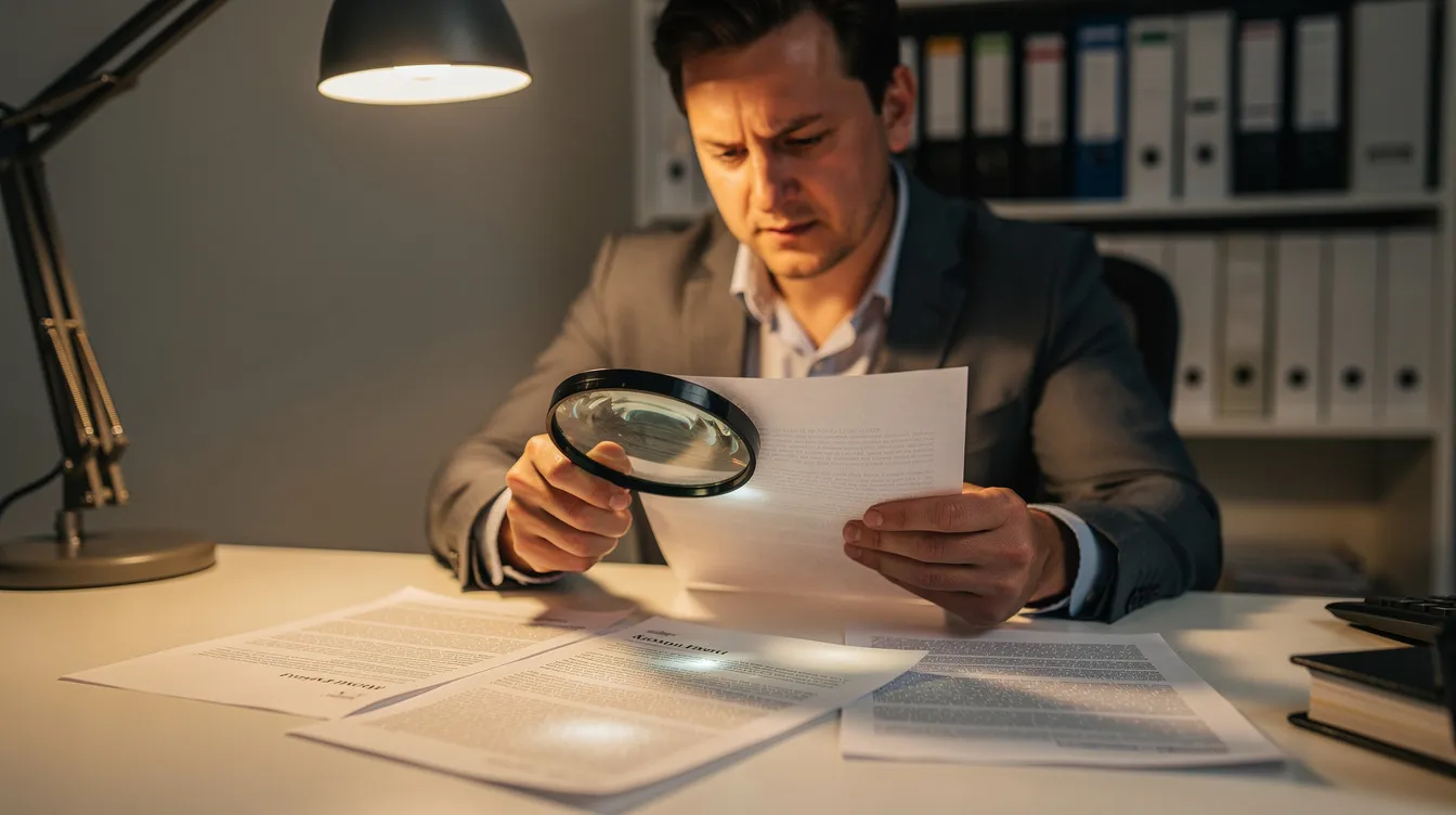 A person is seated at a desk, carefully examining printed documents with a magnifying glass under warm indoor lighting. The scene suggests a focus on detailed information, possibly related to legal aspects of hemp derived products and their status under Virginia law.