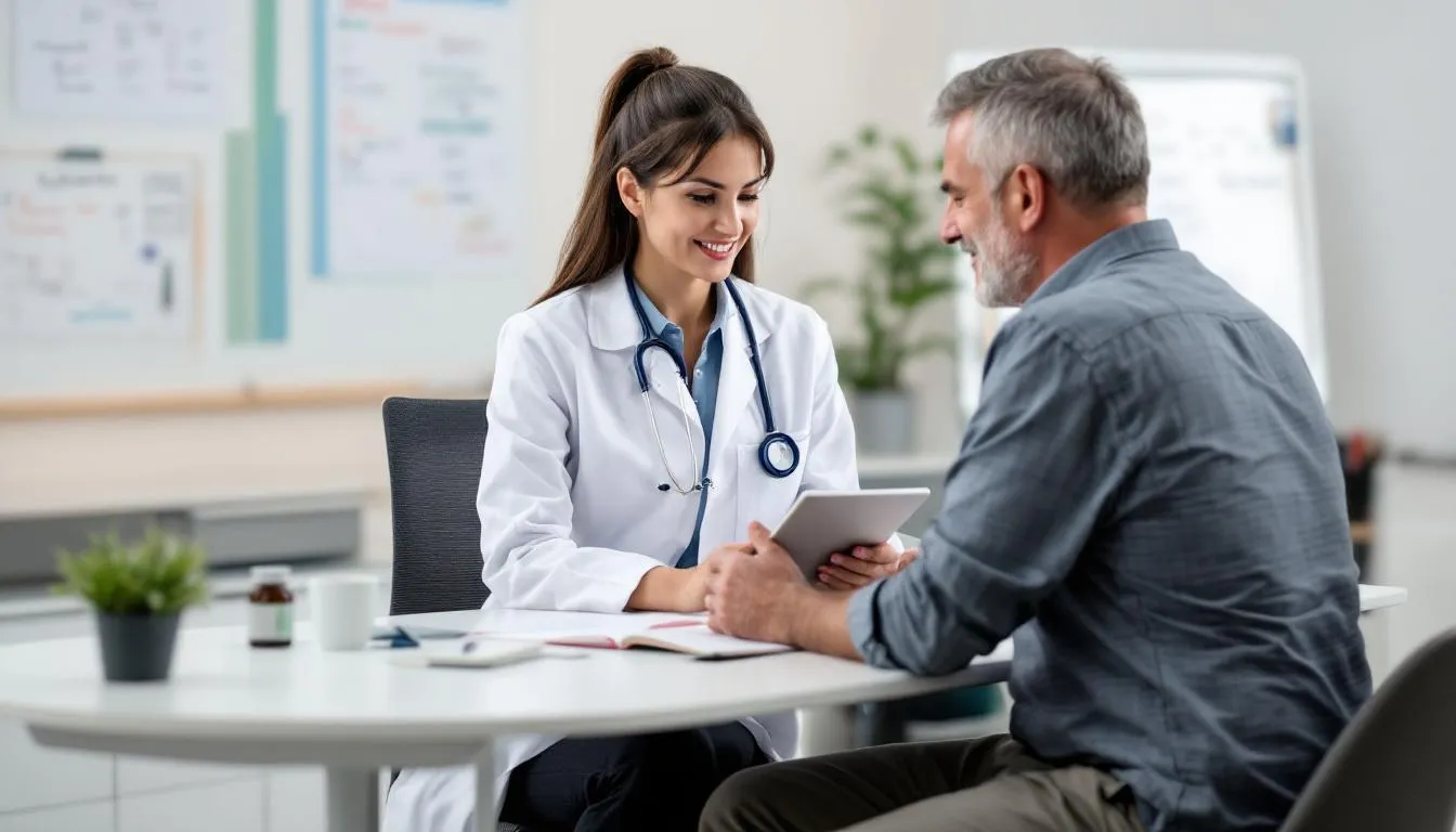 A healthcare professional is sitting at a desk, discussing dietary supplements, including magnesium supplements, with a patient. They appear engaged in conversation about the health benefits of magnesium, such as its potential to regulate blood sugar and lower blood pressure.