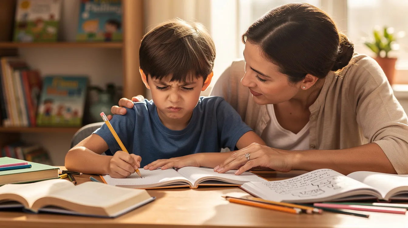 A parent and child sit together at a desk, surrounded by schoolbooks and an open reading passage, while the child appears slightly frustrated as they work on improving their reading fluency and comprehension skills. The scene captures a nurturing environment where the parent is likely providing constructive feedback to support the child's academic growth.