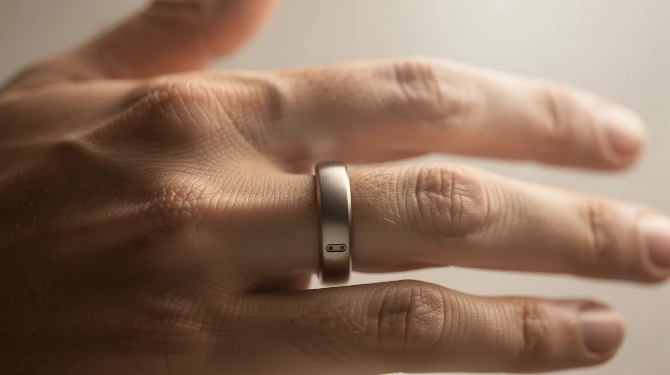 A close-up of a hand adorned with a sleek titanium smart ring, illuminated by soft ambient lighting, showcasing a modern wearable sleep tracker designed to monitor sleep quality and track sleep patterns. This stylish device collects health data, including sleep stages and heart rate, to help users improve their sleep efficiency and overall health.