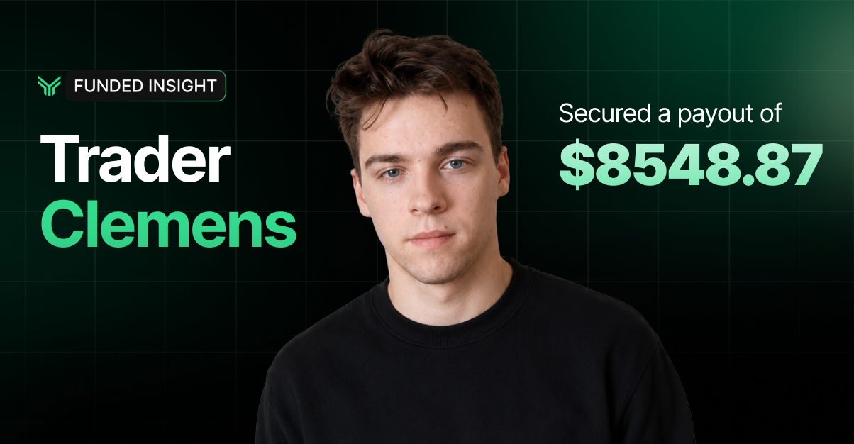 Funded Insight trader payout banner on a dark green grid background. The Funded Insight logo sits top left. White and green headline reads "Trader Clemens" on the left, with "Secured a payout of $8548.87" on the right where the dollar amount is emphasized in large green type. A cutout portrait of the trader in a black crewneck sweater is centered.