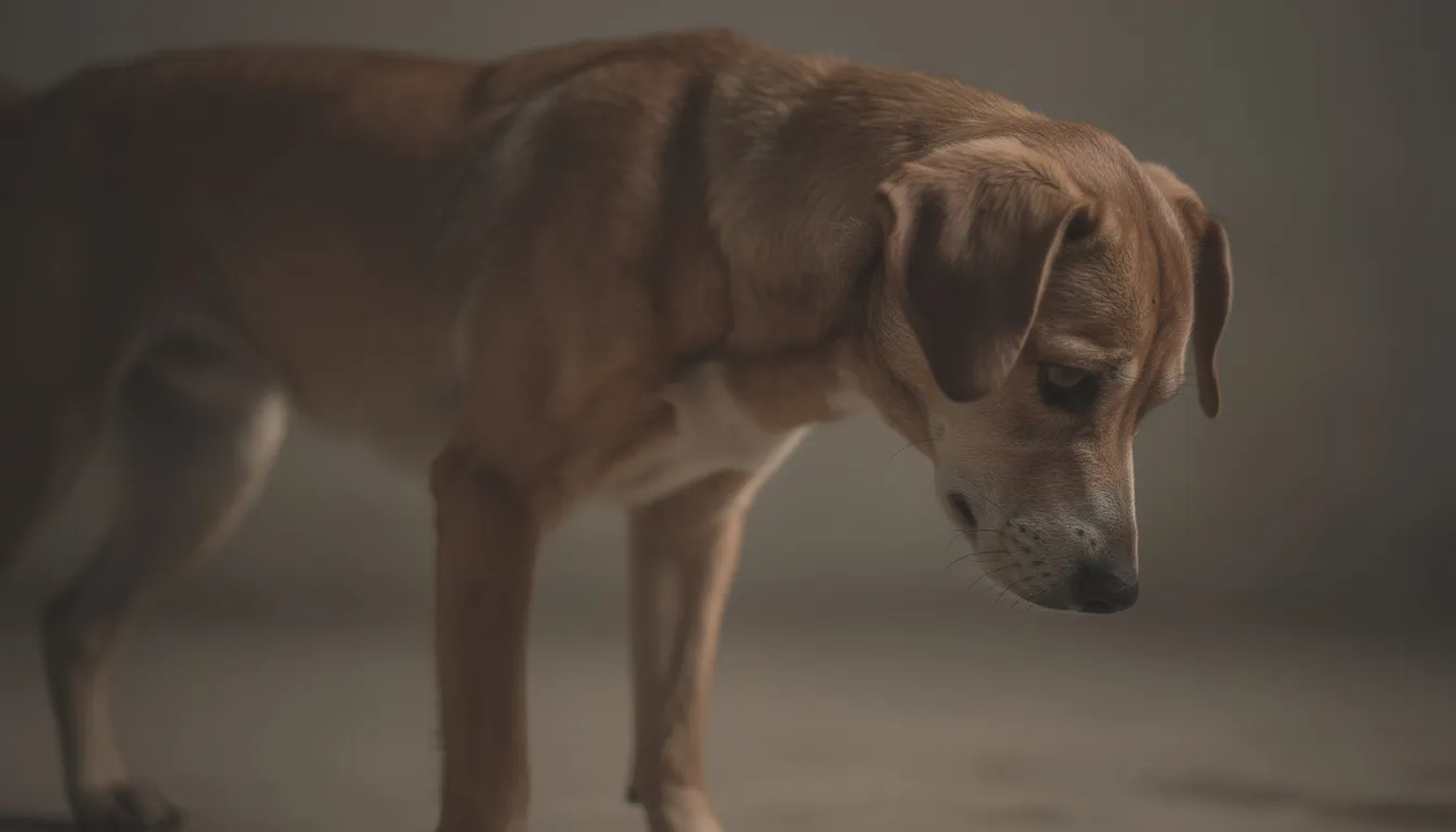 Na obrazku widać psa z nisko opuszczoną głową, który stoi sztywno i wygląda na cierpiącego. Jego stan może sugerować objawy neurologiczne, takie jak ból i sztywność, co może być związane z zapaleniem opon mózgowych lub innymi schorzeniami wymagającymi leczenia.