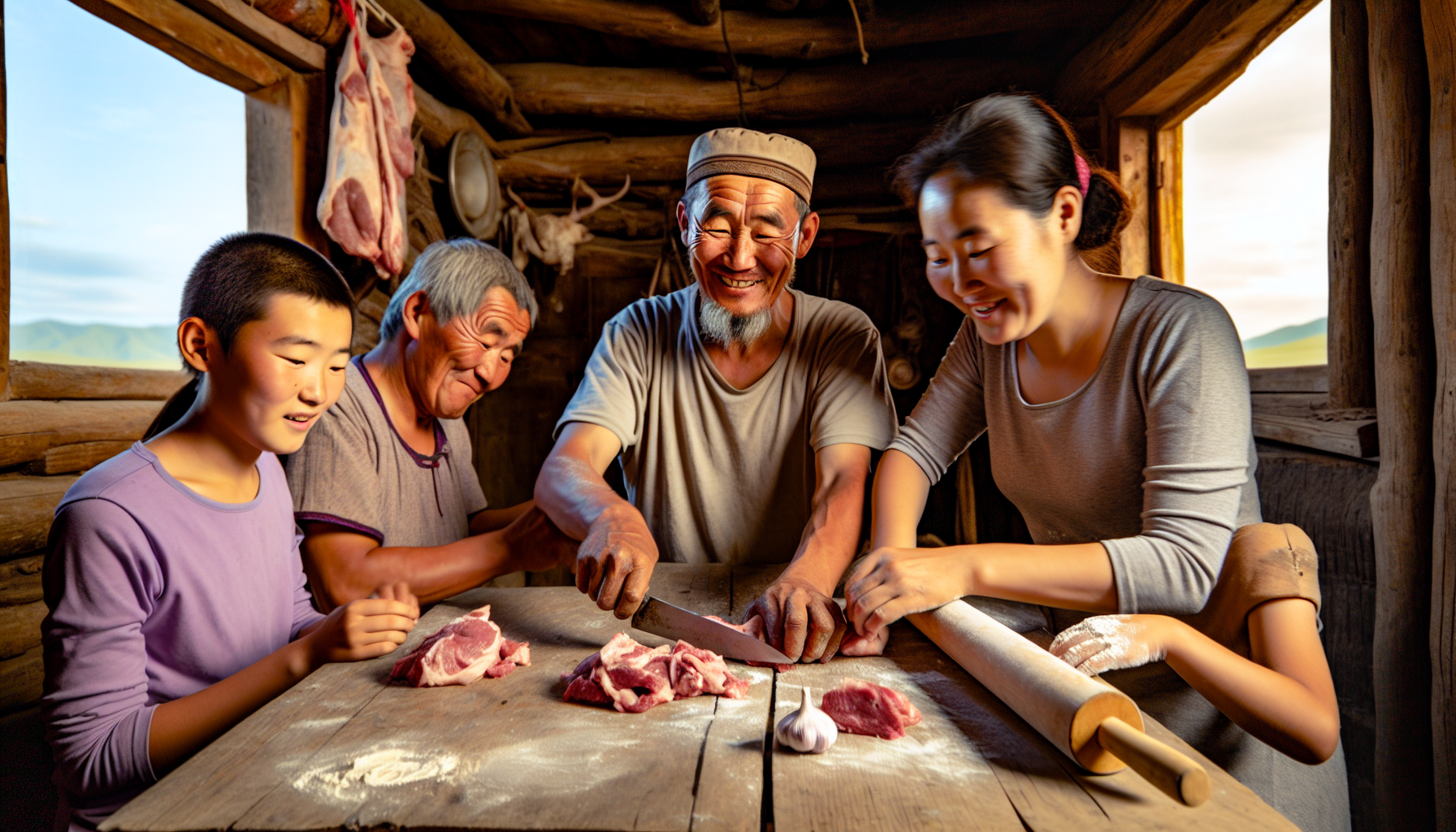 A traditional Mongolian family preparing meat for a meal