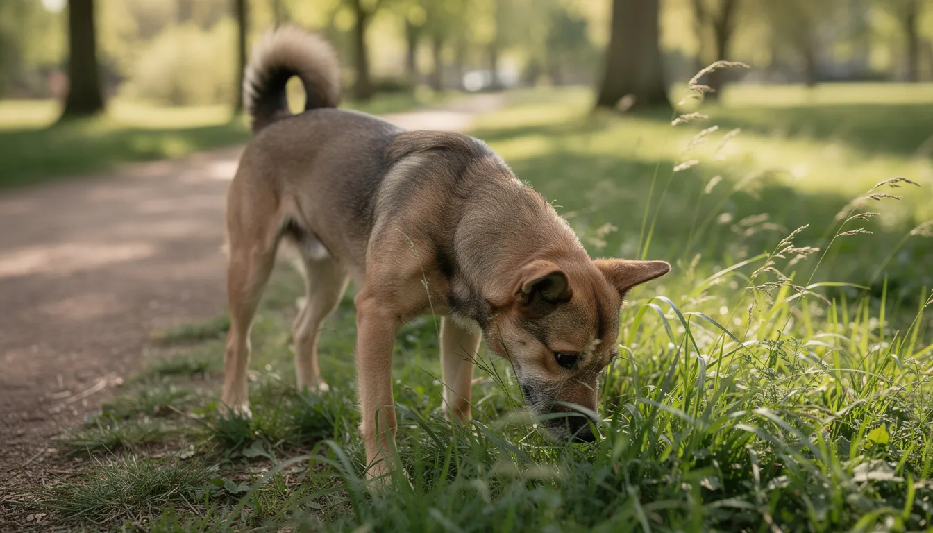 A mixed breed dog is sniffing intently at the grass during an outdoor walk, showcasing its natural curiosity and need for mental stimulation. This behavior can help prevent boredom and reduce stress levels, contributing to the dog's overall emotional well-being.