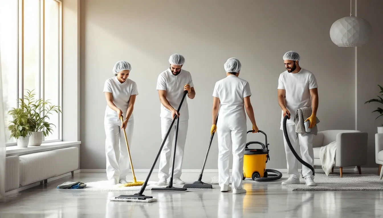 A professional deep cleaning team at work, showcasing comprehensive cleaning services.
