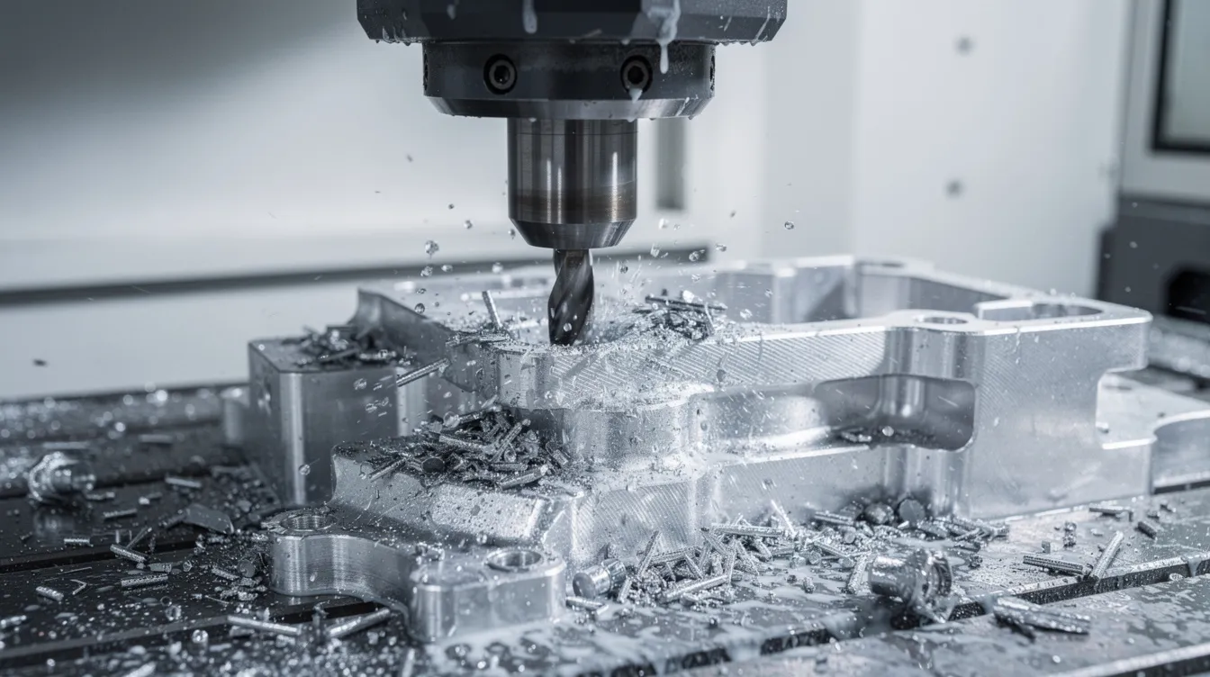 The image shows a close-up of a precision CNC milling machine actively cutting an aluminum aerospace bracket, with coolant visibly flowing to maintain optimal cutting conditions. This scene highlights the advanced equipment used in CNC machining services, particularly for high precision and custom machined parts.