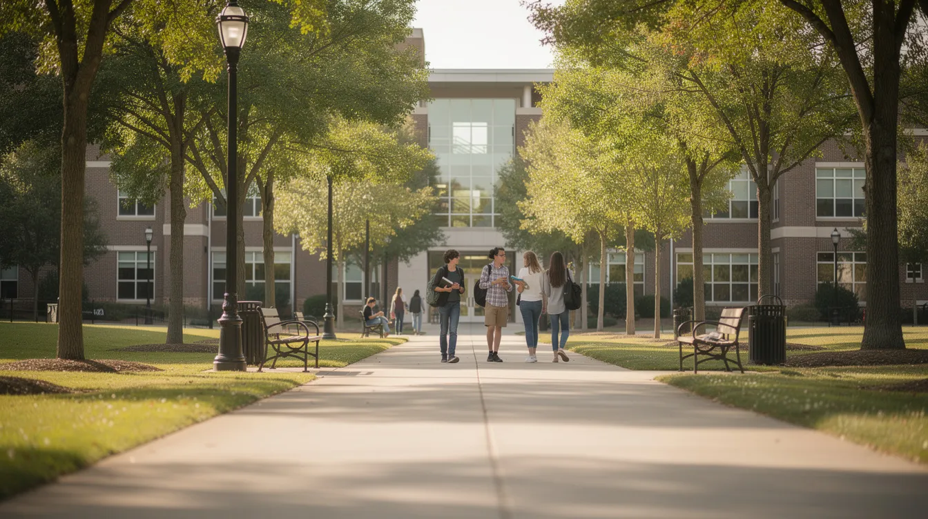 The image depicts a serene university walkway with students in the distance, engaged in conversation, and no visible weapons. This peaceful scene reflects the importance of public safety and the regulations surrounding concealed carry permits in educational environments.