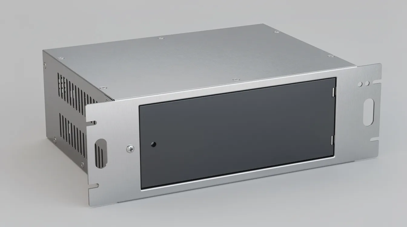 The image depicts a sleek, assembled stainless steel electronics enclosure featuring ventilation slots and cable cutouts, finished with a dark gray powder-coated exterior. This enclosure exemplifies custom sheet metal fabrication, showcasing precision parts designed for optimal functionality and durability.
