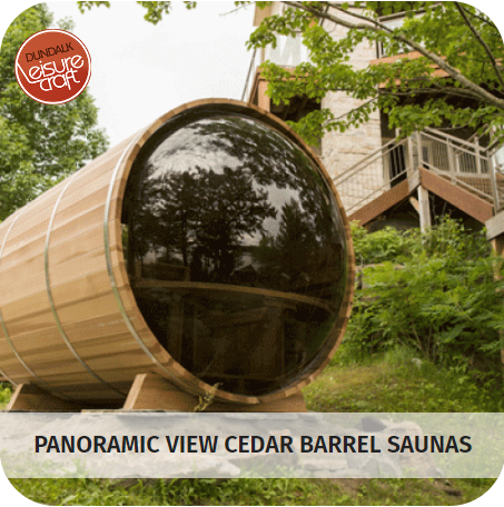 Panoramic Western Red Cedar Outdoor Barrel Saunas by Dundalk Leisurecraft.