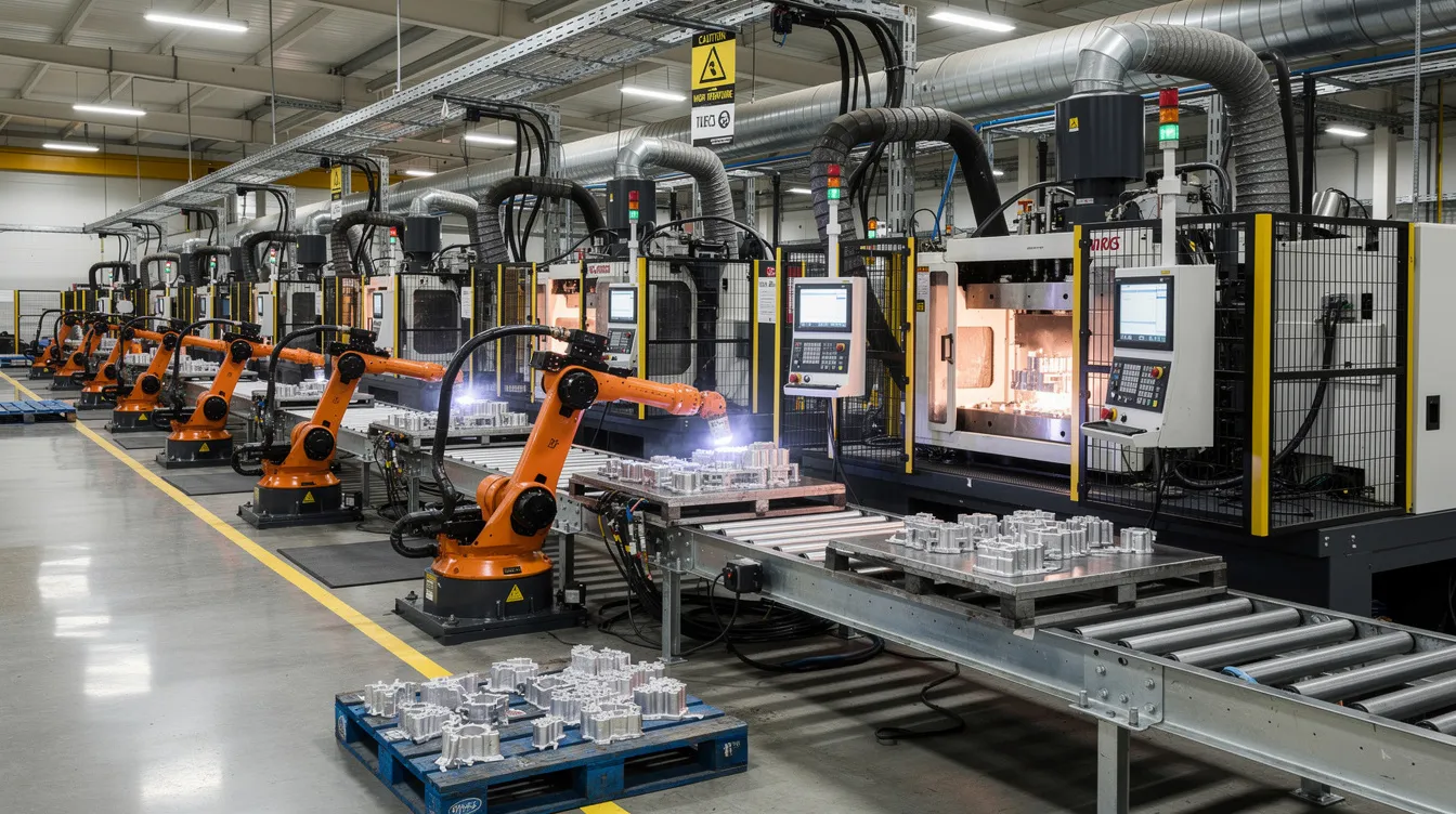 The image depicts a modern die casting factory floor, showcasing rows of advanced high pressure die casting machines and robotic arms efficiently extracting aluminum parts. This industrial setting highlights the precision die casting process and the impressive production scale of the aluminum die casting industry.