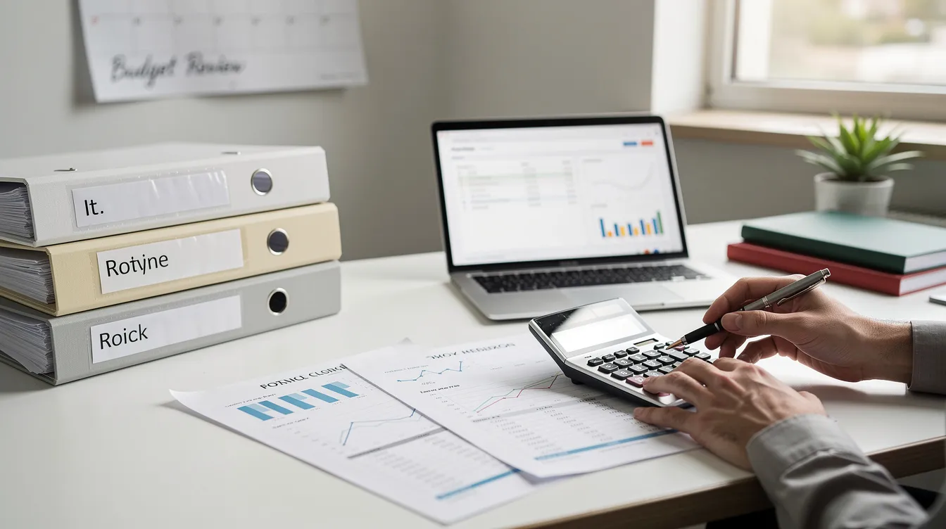 A person is diligently organizing financial documents and using a calculator on a clean desk, reflecting their focus on managing their financial状况. The scene captures the essence of清 數 and careful planning for future expenses.