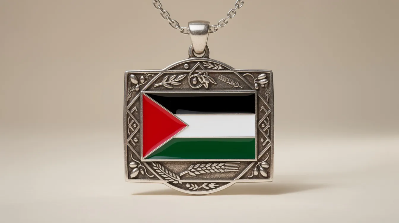 The image features a striking Palestine flag necklace, symbolizing unity and resilience, with a silver pendant that intricately displays the Palestine map. This beautiful piece of jewelry serves as a meaningful symbol of heritage and solidarity, complete with a secure clasp for comfortable wear.