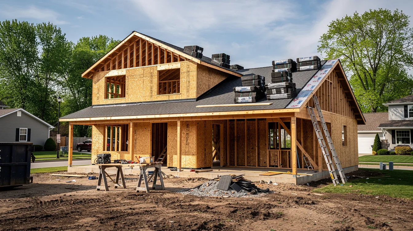 The image depicts a suburban home undergoing renovation, showcasing new framing and roofing materials in place. This construction project highlights the efforts of contractors and subcontractors as they work to enhance the property, emphasizing the importance of construction contracts and risk management in the construction industry.