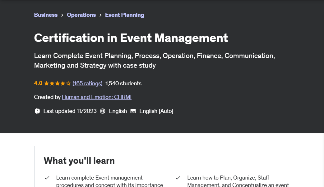 Udemy's certification in event management page