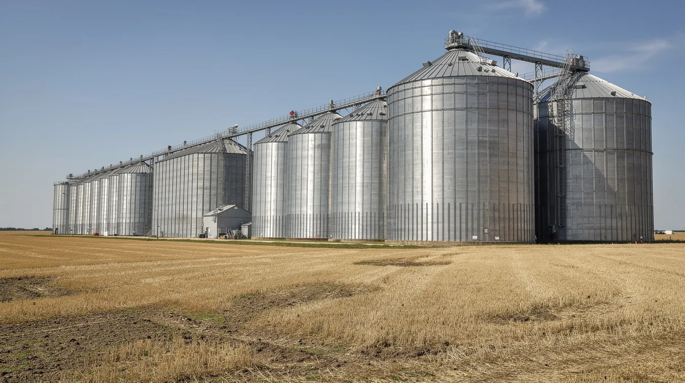 e3375869 8c5f 46d8 92da a6879ac2392a The image depicts a row of large steel grain storage silos on a flat agricultural landscape, set against a clear blue sky. These industrial silos are essential for maintaining grain quality and proper storage, enabling food processing companies to store large quantities of wheat and other grains efficiently.