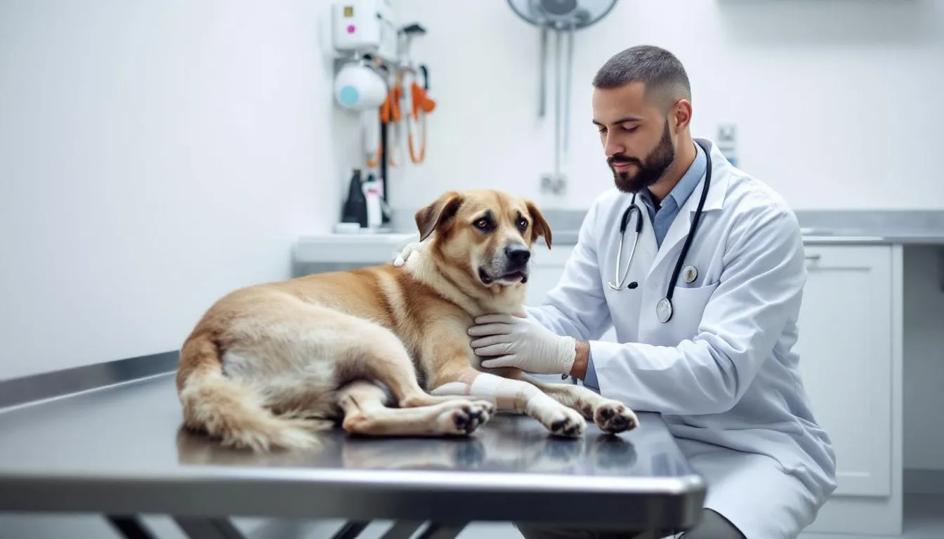 A veterinarian is examining a sick dog in a clinical setting, focusing on its symptoms and health status. The dog shows signs that may indicate a viral infection, such as nasal discharge and difficulty breathing, which could be related to canine distemper virus or other infectious diseases.