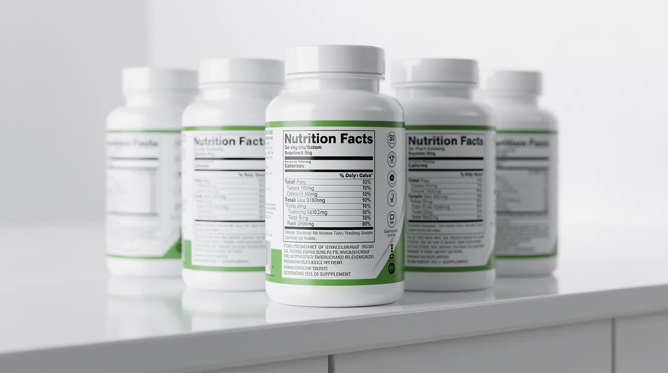 A close-up image showcases several supplement bottles displaying nutrition fact labels on a pristine white countertop, highlighting various mushroom supplements like lion's mane and reishi. These bottles promise health benefits such as cognitive support and immune health, featuring mouthwatering mixed berry flavors and organic ingredients.