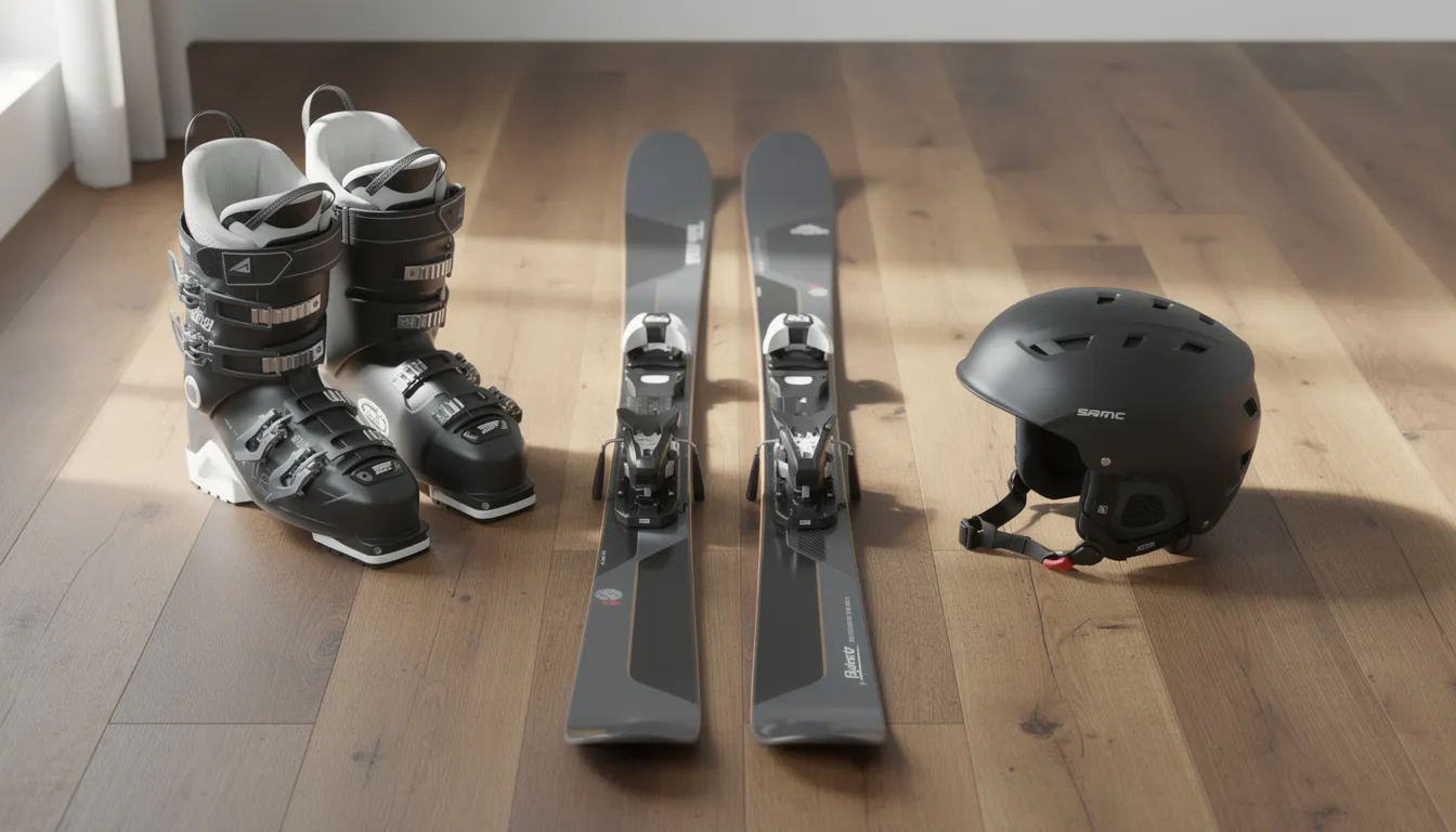 Das Bild zeigt eine Anordnung von Skiausrüstung, einschließlich Skischuhe, Skier und Helm, auf einem hölzernen Boden. Diese Ausrüstung ist ideal für einen Skitag im Skigebiet, wo man Tagesskipässe erwerben kann.