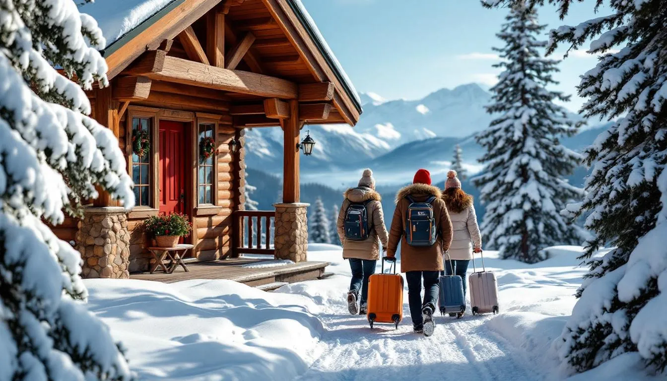 Guests are arriving at a charming, snow-covered mountain cabin, carrying their luggage as they approach the welcoming entrance, with stunning views of the surrounding mountains in the background. This picturesque scene captures the essence of a winter getaway at Brian Head Resort, perfect for outdoor activities and relaxation.