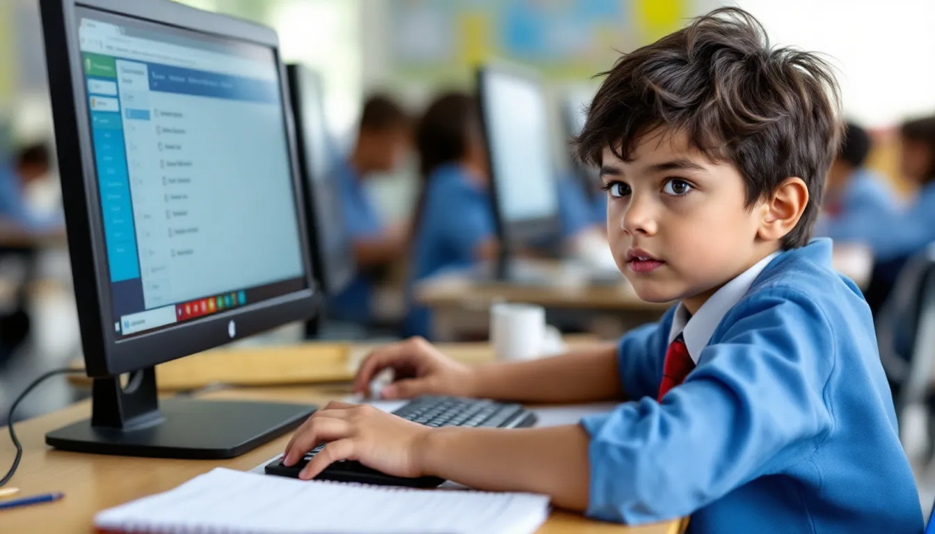 Ein Kind sitzt an einem Computer und arbeitet konzentriert an einem Test, um sich auf eine Prüfung vorzubereiten. Der Arbeitsplatz ist ordentlich und zeigt Materialien zur Prüfungsvorbereitung, während das Kind seine Kenntnisse anwendet.