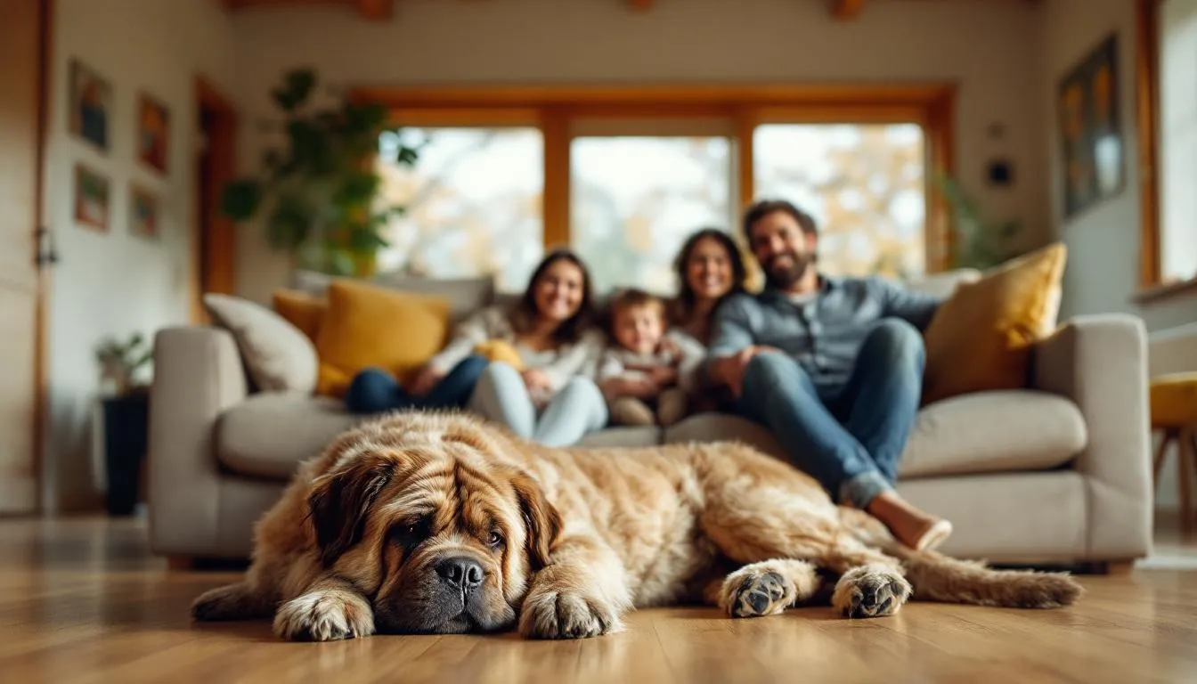 A happy family is relaxing together in their cozy living room, accompanied by their large, wrinkly dog with deep skin folds and a gentle nature. The scene captures the affectionate bond between the family and their adorable wrinkly dog, creating a warm and inviting atmosphere.