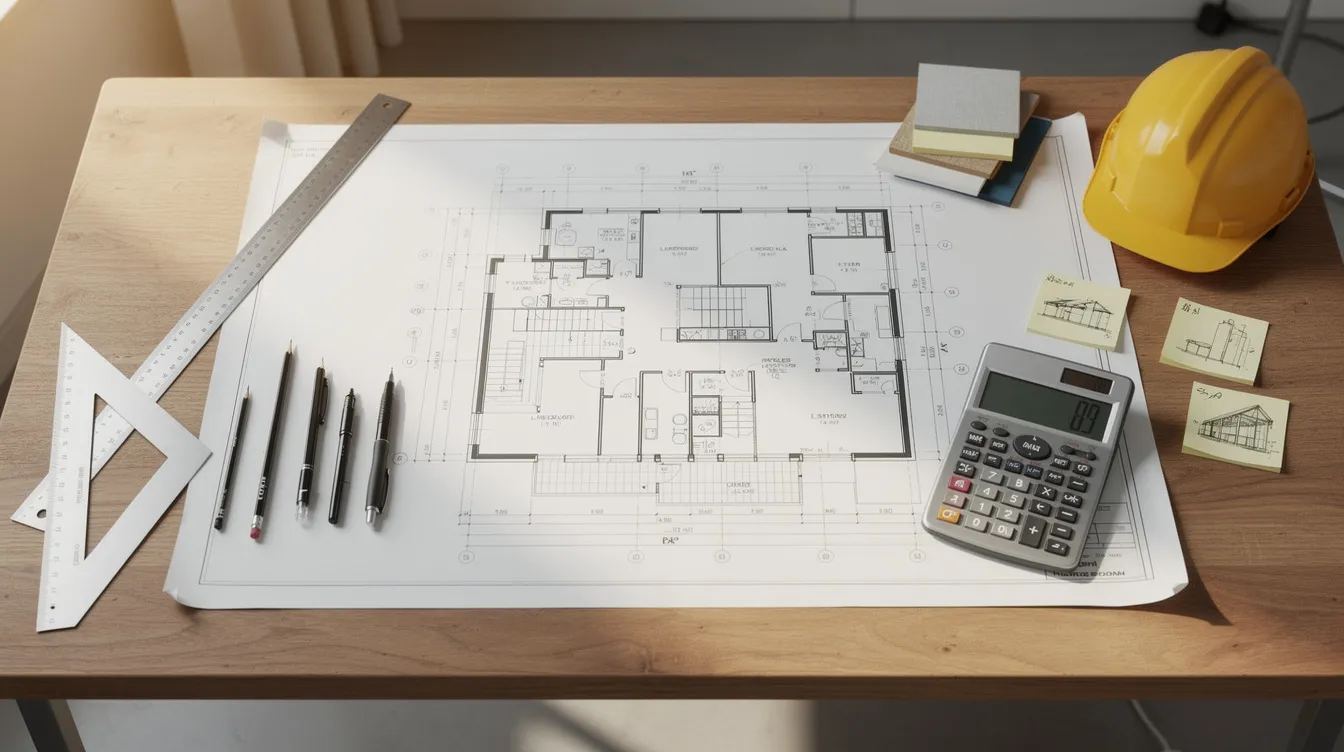 e33ae2f9 743c 4e64 b5ab 0d13a9746dba The image depicts an architect's desk cluttered with building blueprints, a calculator, and various construction planning materials, essential for managing hotel development costs. This setup reflects the meticulous planning involved in the hotel industry, highlighting the detailed project report necessary for successful project management.