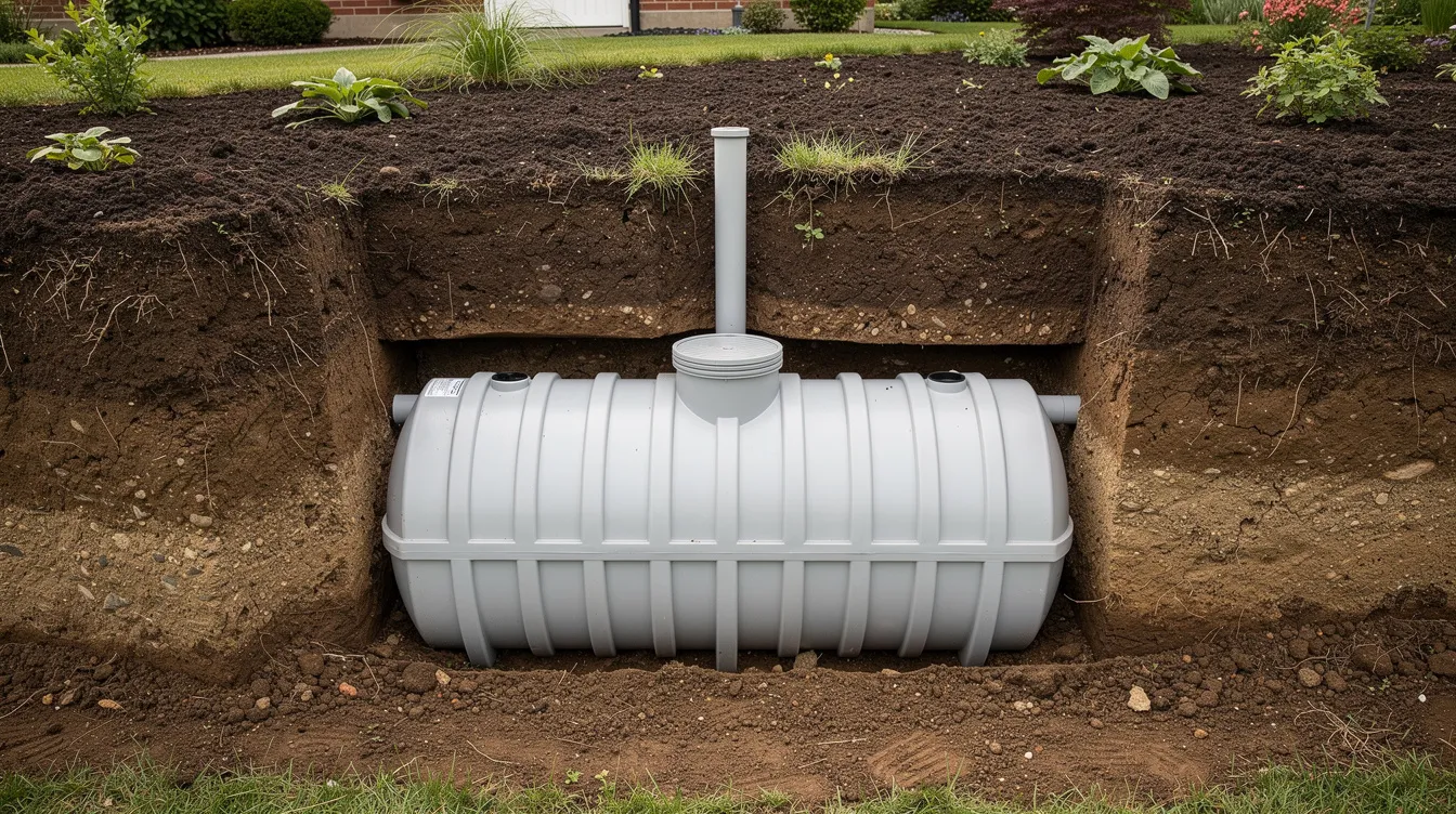 L'image montre une cuve en plastique enterrée dans un jardin, entourée de terre, symbolisant un système de récupération d'eau de pluie. Cette installation permet de récupérer l'eau de pluie pour des usages non potables comme l'arrosage du jardin ou le remplissage des WC.