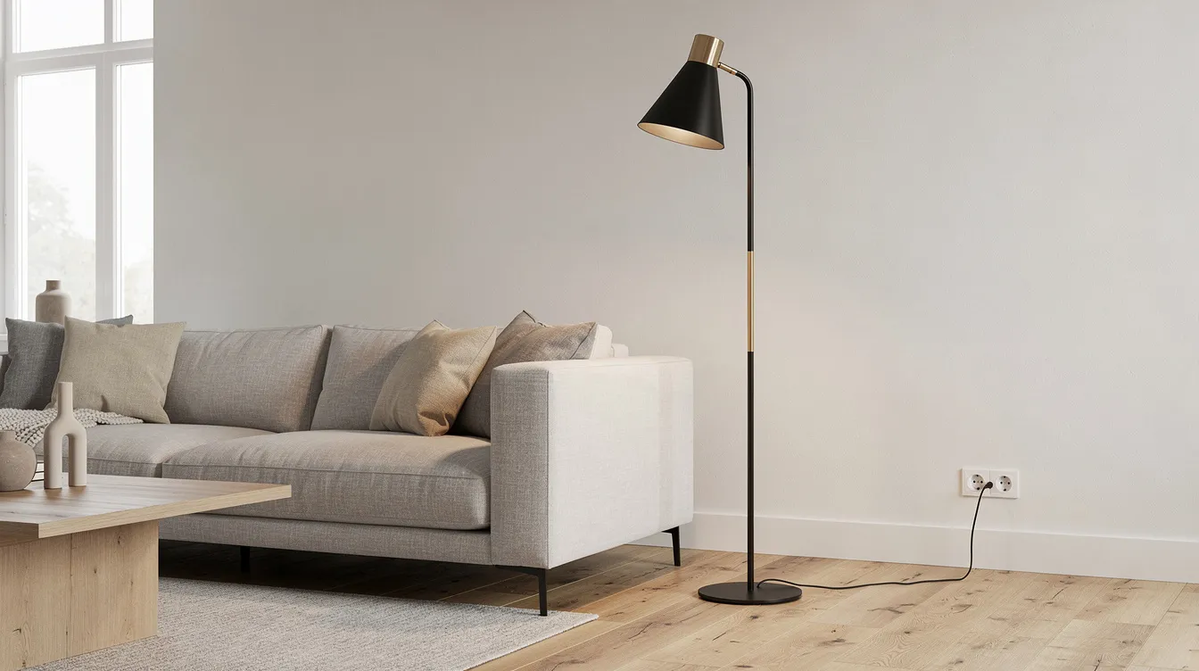 En svart och mässingsfärgad golvlampa står i ett skandinaviskt vardagsrum med ljusa väggar och trägolv, vilket skapar en stilren och modern atmosfär. Lampan ger ett mjukt ljus och fungerar som en perfekt läslampa vid sidan av soffan och fåtöljen.