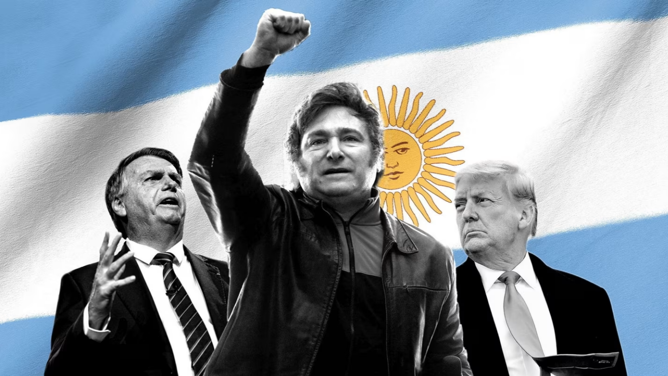 Argentinian Flag - Market – president – businesses – bitcoin – blockchain – blockchain technology – cryptocurrencies – digital assets  An image of Donald Trump and Javier Milei with Argentinian flag.