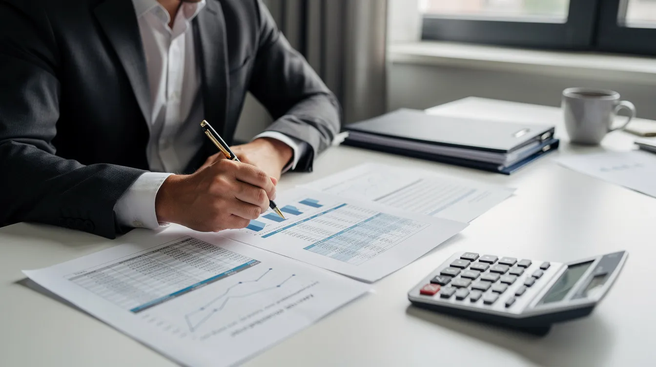 A person is seated at a desk, intently reviewing financial documents, with a calculator positioned nearby, suggesting they are calculating potential monthly payments and interest rates for a home equity line or other mortgage options. The scene conveys a sense of diligence in managing financial circumstances related to down payments and closing costs.