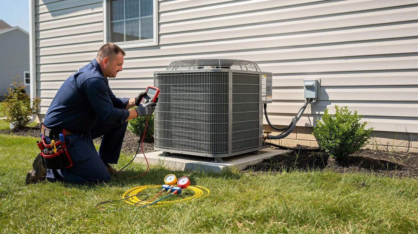 A technician is inspecting an outdoor residential air conditioner beside a house, checking key components such as the condenser fan and electrical components to ensure the air conditioning system is working properly. This routine maintenance is crucial for preventing costly repairs and maintaining energy efficiency during the summer months.