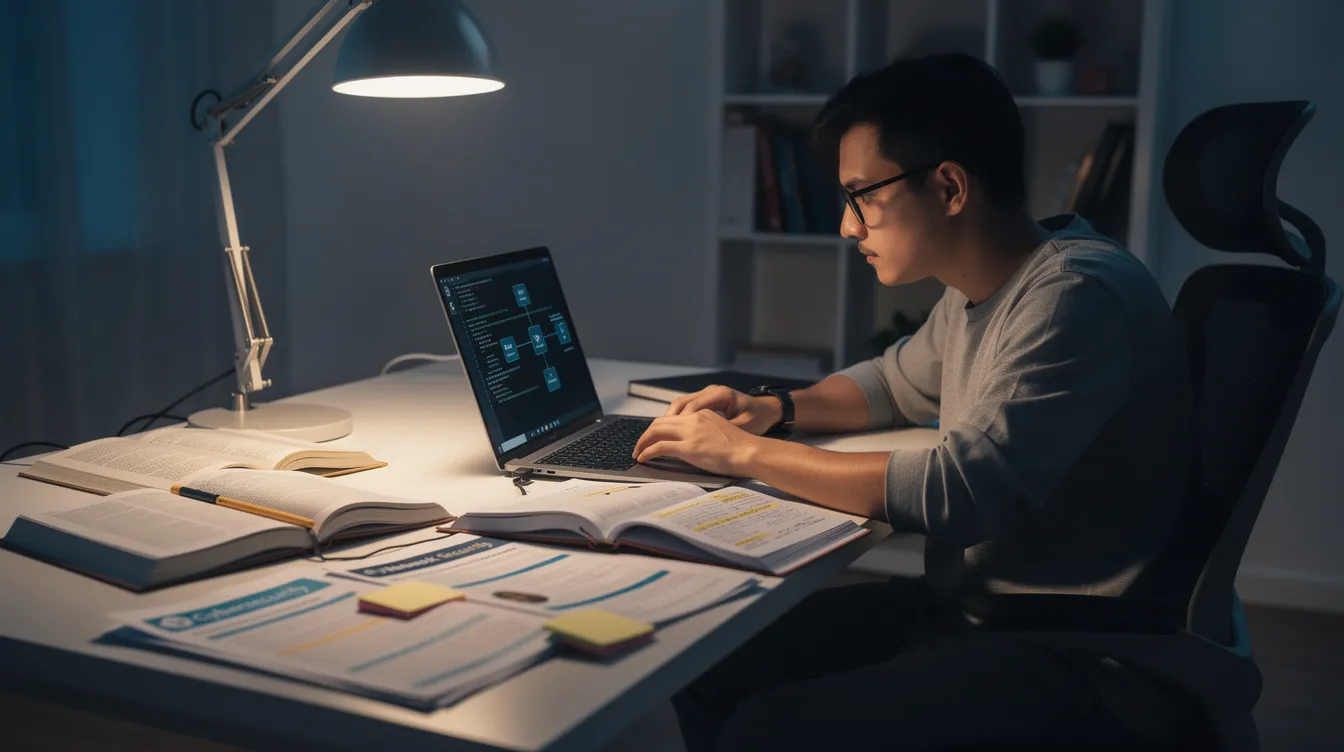 The image shows a person studying cybersecurity at a desk, surrounded by books, a laptop, and various certification study materials, emphasizing the importance of educational programs and cybersecurity certifications for career advancement in the IT field. This scene highlights the dedication of aspiring cybersecurity professionals as they develop their technical skills and prepare for future job opportunities.