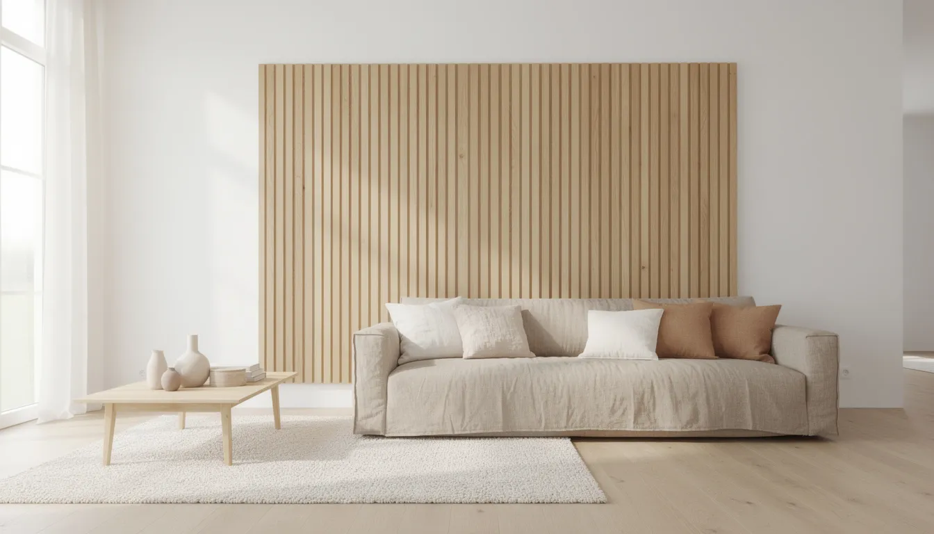 Een ruime woonkamer met een groot houten wandpaneel dat elegant boven een linnen bank hangt, versierd met natuurlijke kussens. De landelijke stijl van het interieur creëert een warme en uitnodigende sfeer.