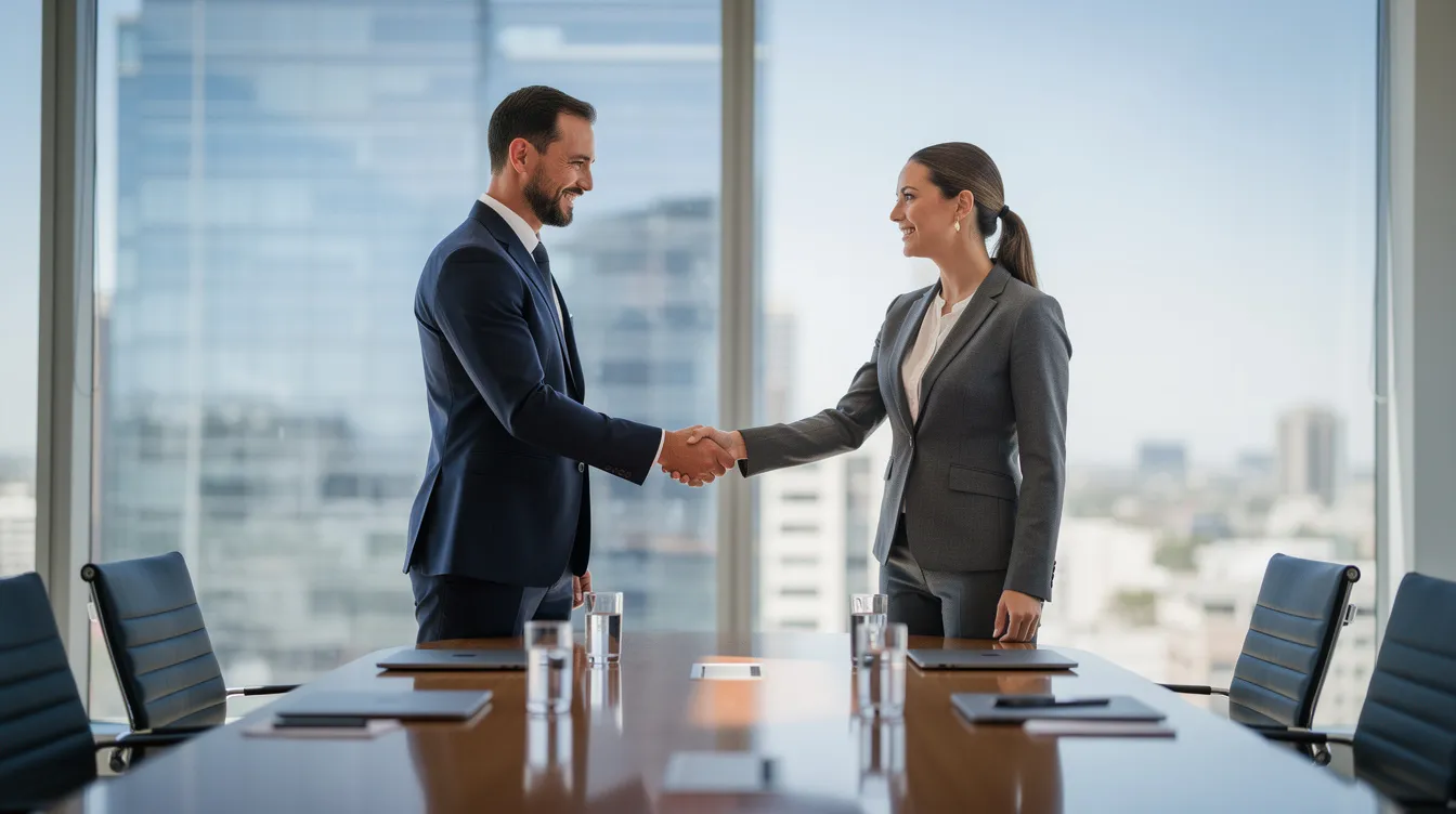 The image shows two professionals in business attire shaking hands in a conference room, with a city skyline visible through the large window behind them. This scene symbolizes collaboration and agreement, which can be essential in business litigation matters such as contract disputes or seeking injunctive relief to prevent irreparable harm.